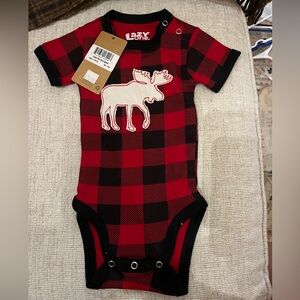 NWT Lazy One Red and Black Plaid Baby Onesie with Moose